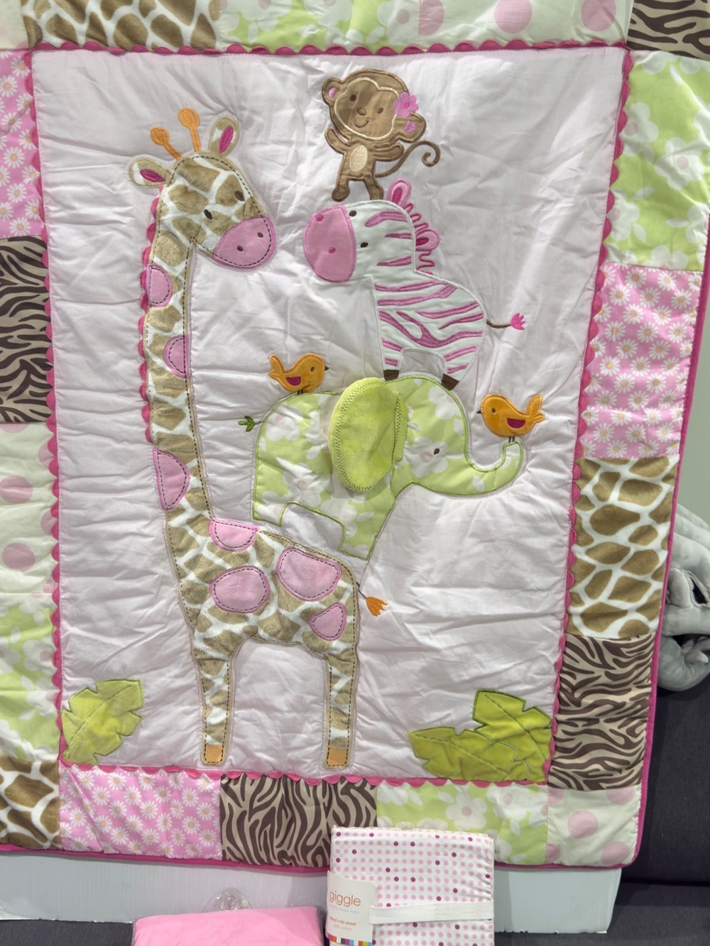 Carter's Pink, Green & Brown Jungle Animal Patchwork Quilt